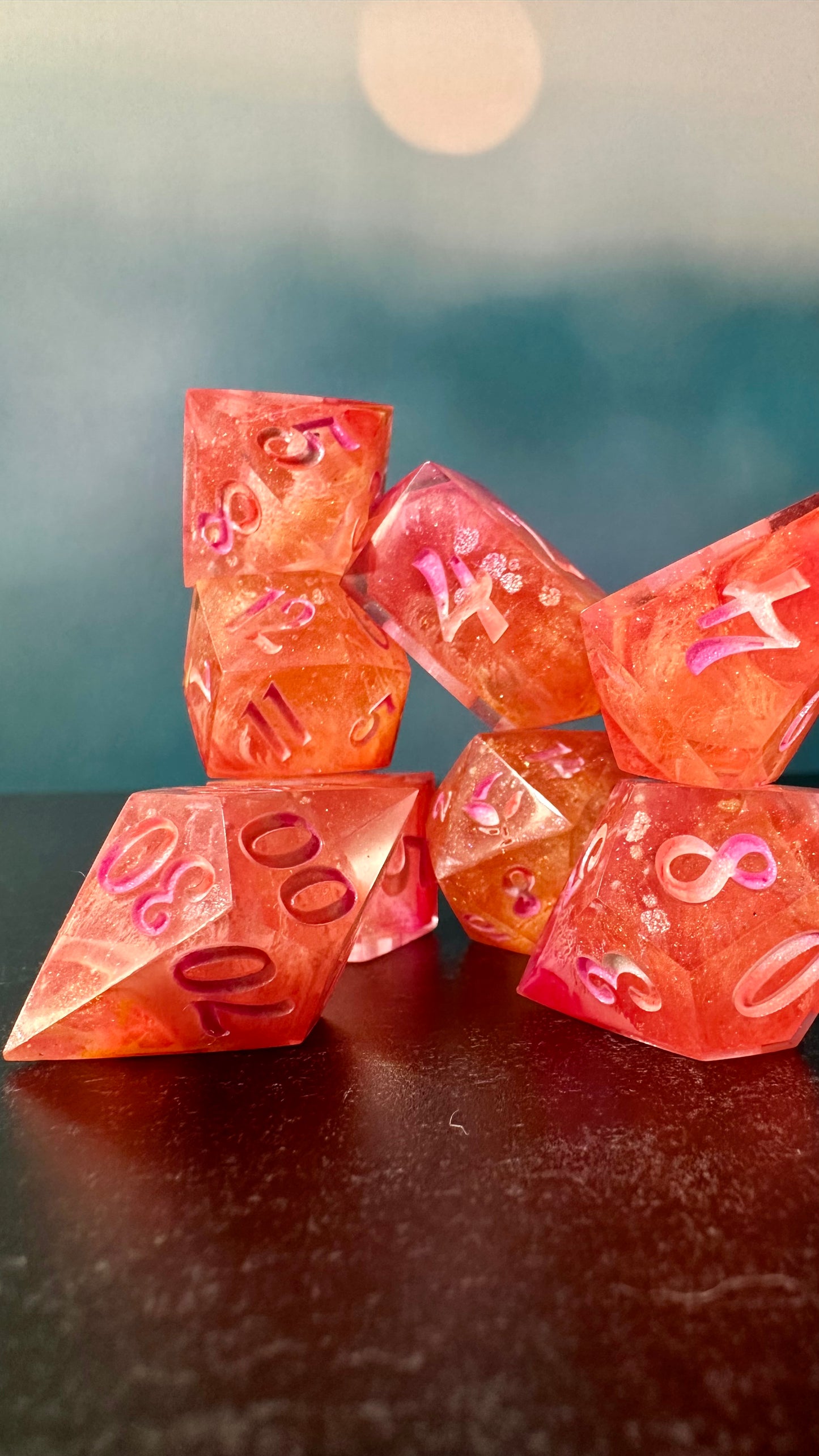 Neon Lesbian Pride 8 piece polyhedral dice set (Large) (Beta) Pobody's Nerfect