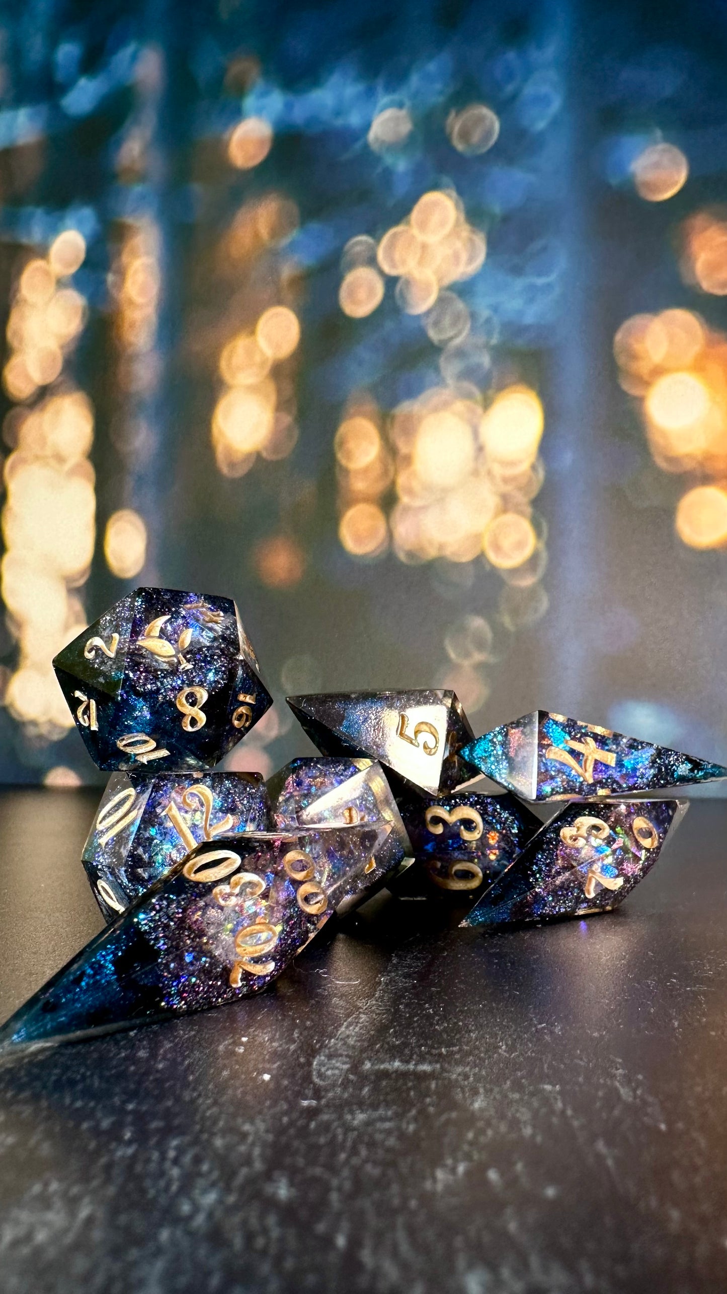 Agent Night Geode - 8 piece polyhedral dice set- (Pointy Bois)- Pobody’s Nerfect