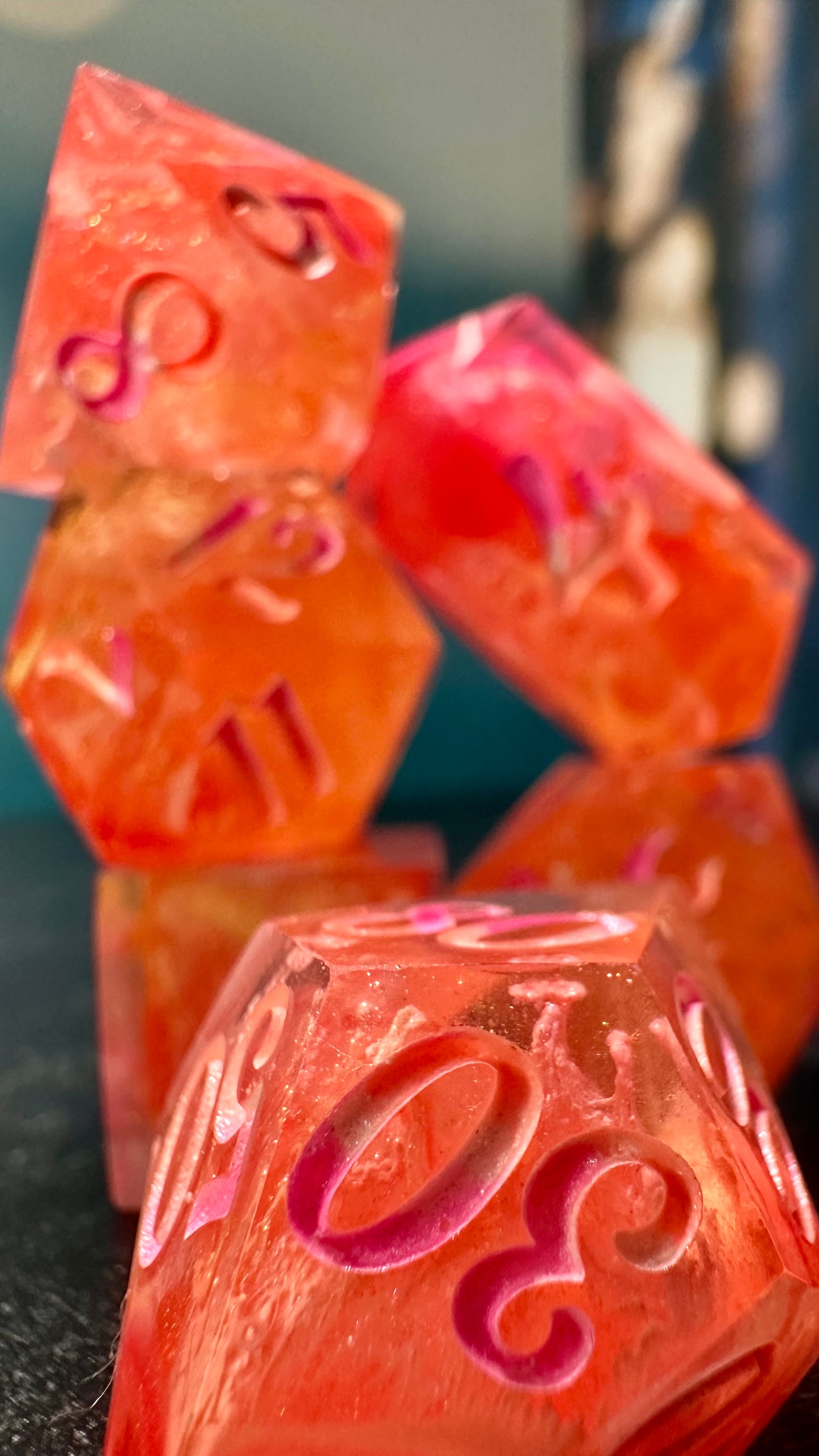 Neon Lesbian Pride 8 piece polyhedral dice set (Large) (Beta) Pobody's Nerfect