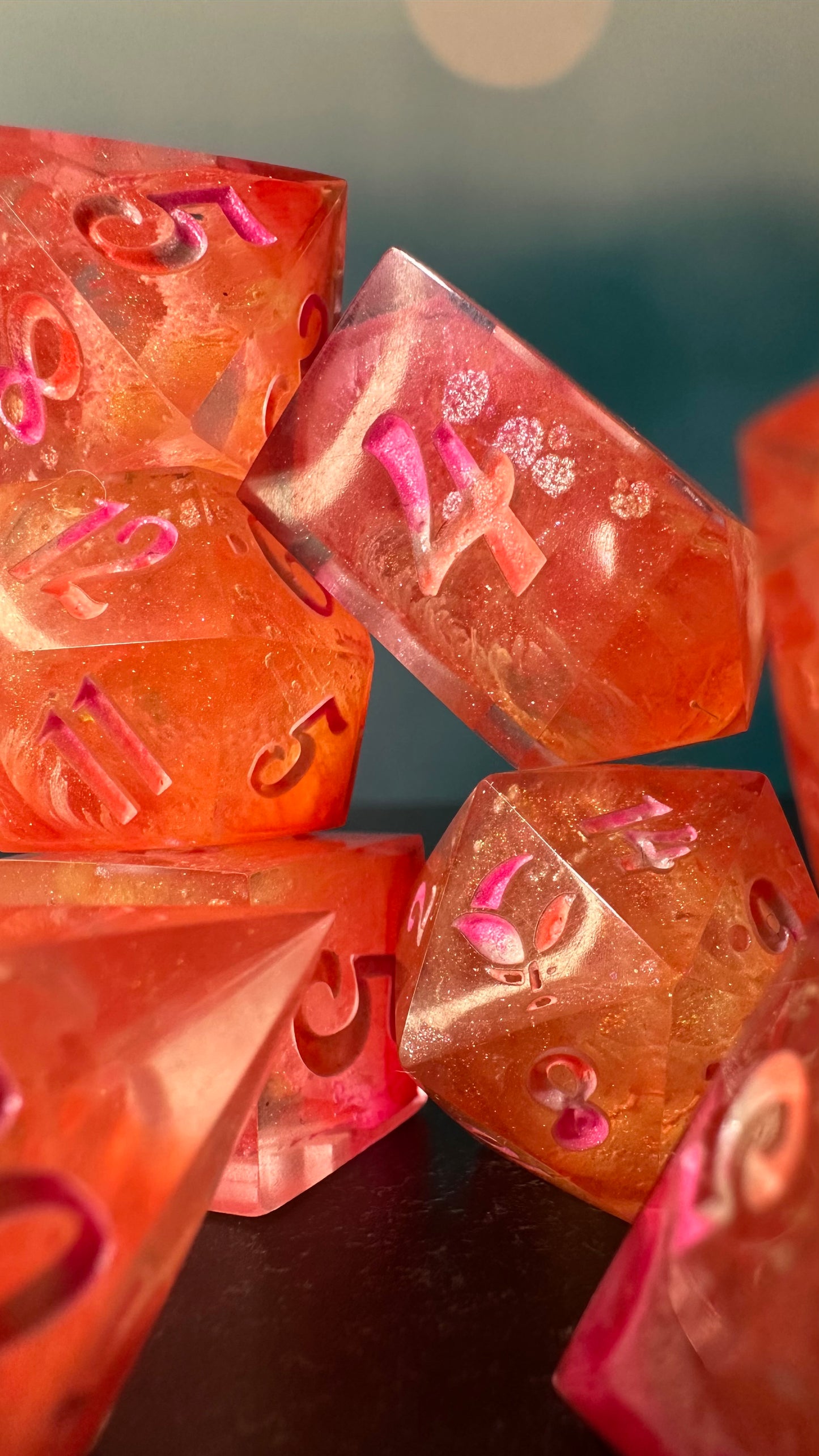 Neon Lesbian Pride 8 piece polyhedral dice set (Large) (Beta) Pobody's Nerfect
