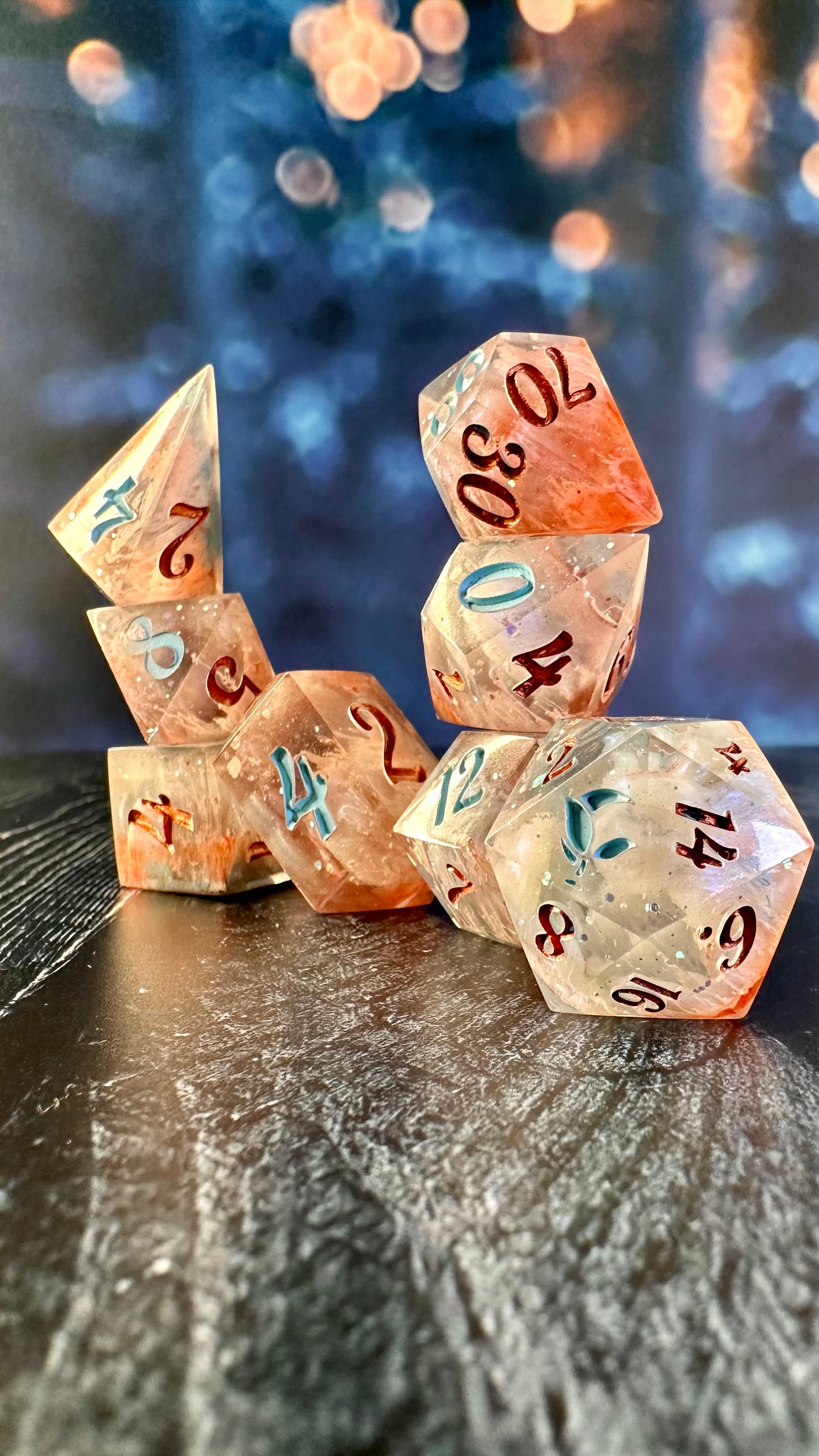 "Boq Woodsman, Munchkinland" 8 piece polyhedral dice set (Large) Pobody's Nerfect