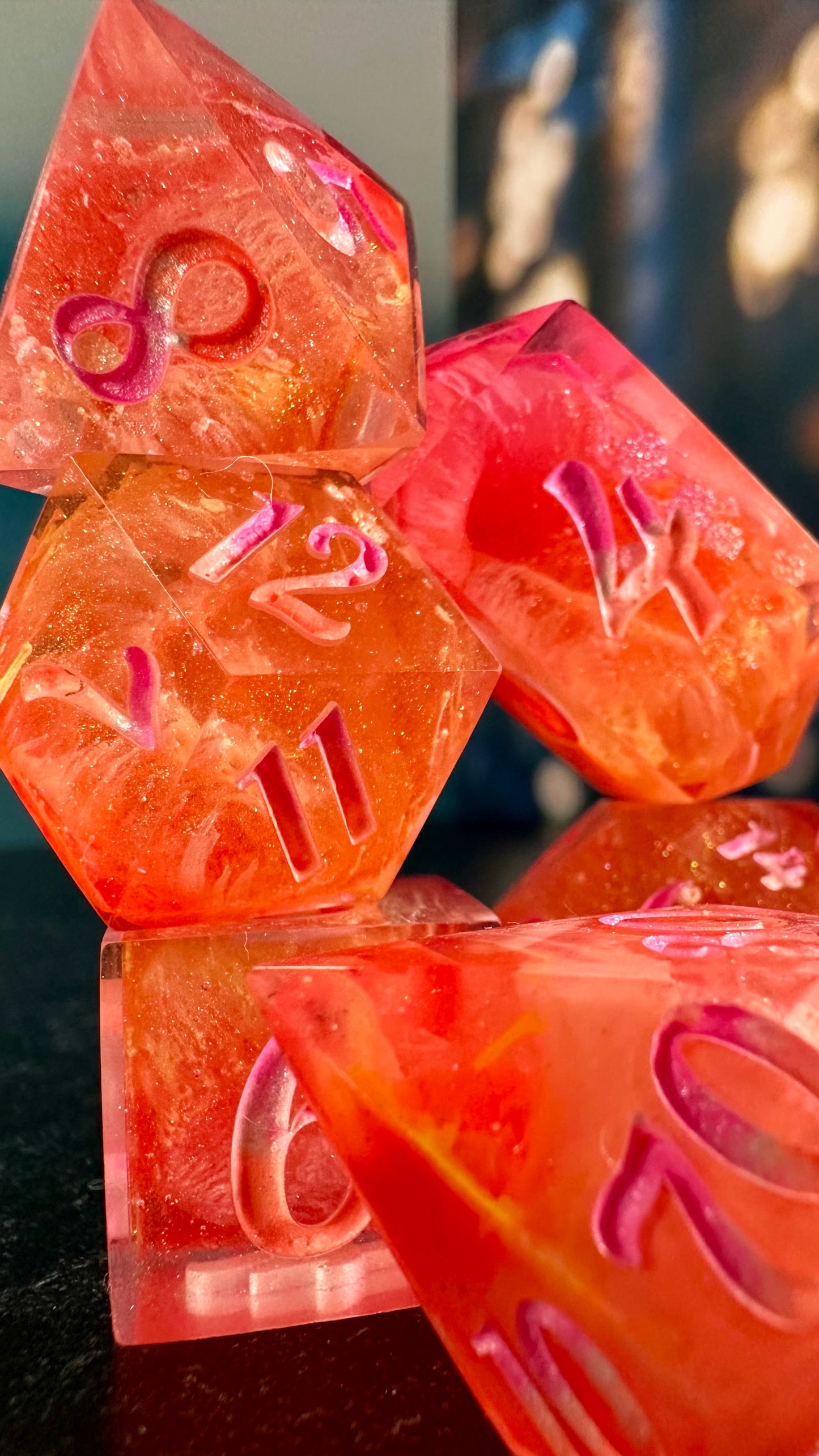 Neon Lesbian Pride 8 piece polyhedral dice set (Large) (Beta) Pobody's Nerfect