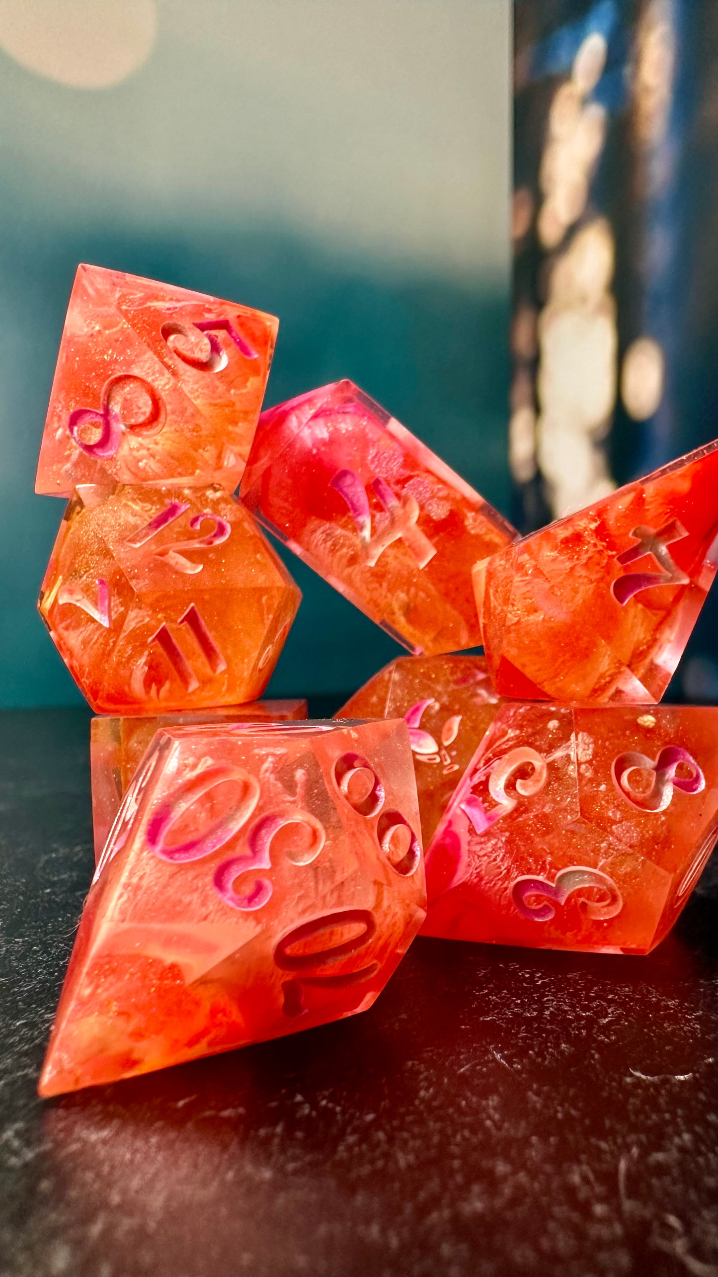 Neon Lesbian Pride 8 piece polyhedral dice set (Large) (Beta) Pobody's Nerfect