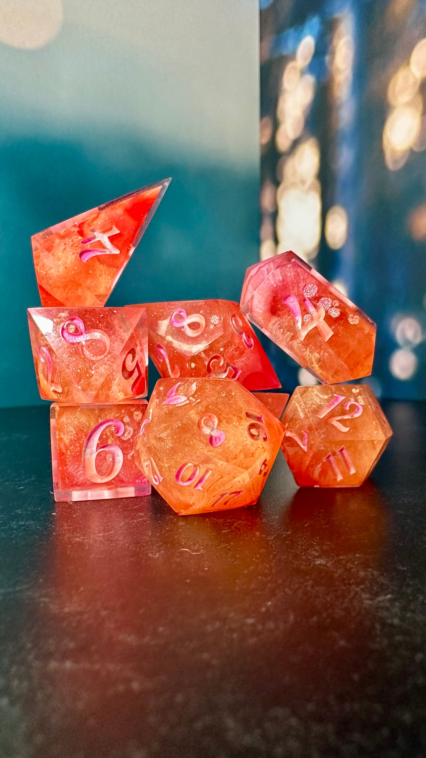 Neon Lesbian Pride 8 piece polyhedral dice set (Large) (Beta) Pobody's Nerfect