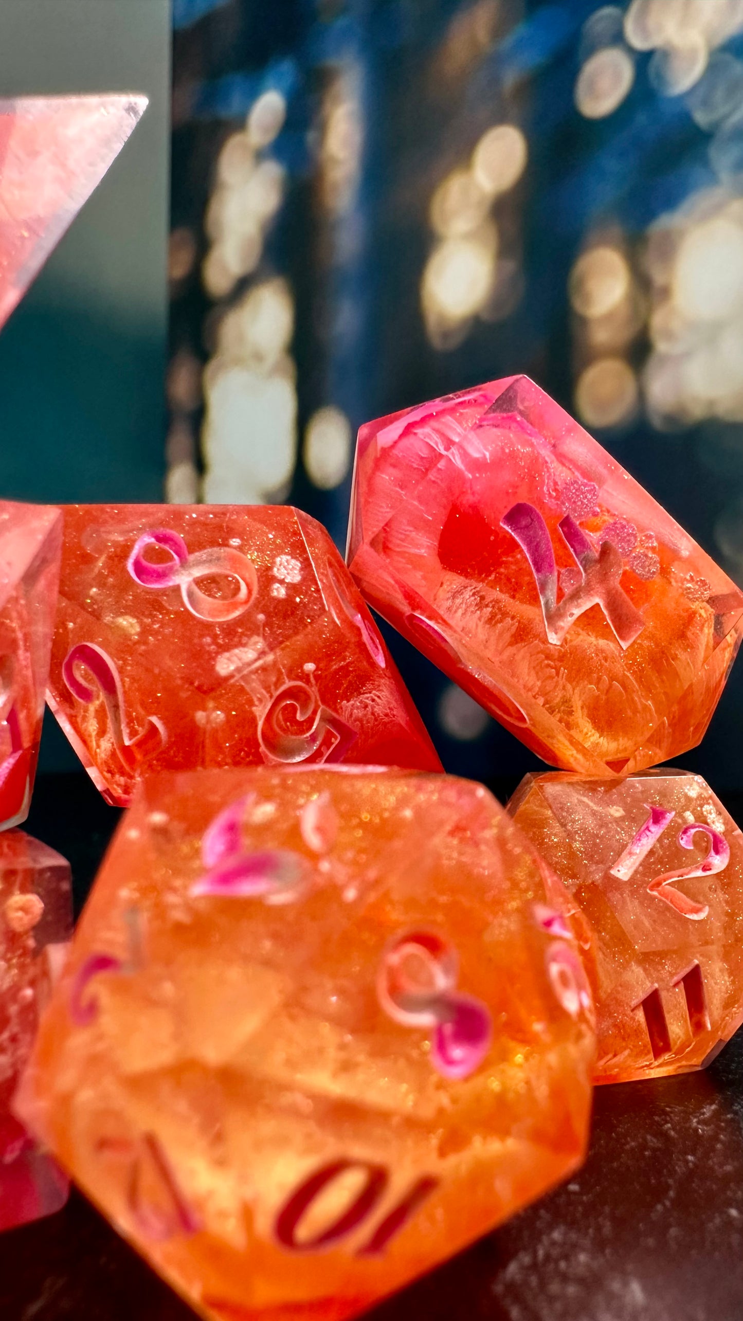 Neon Lesbian Pride 8 piece polyhedral dice set (Large) (Beta) Pobody's Nerfect