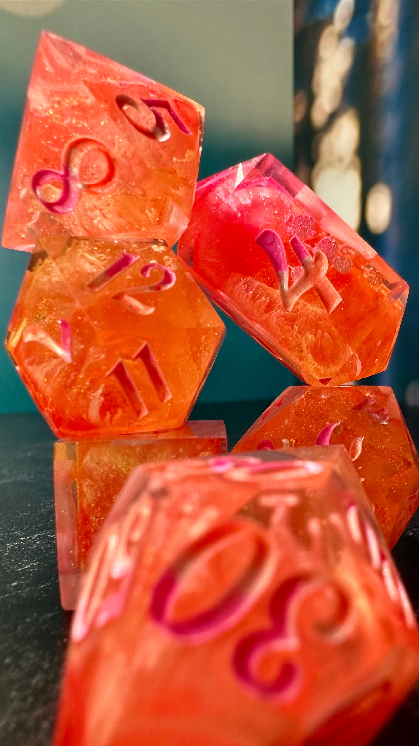 Neon Lesbian Pride 8 piece polyhedral dice set (Large) (Beta) Pobody's Nerfect