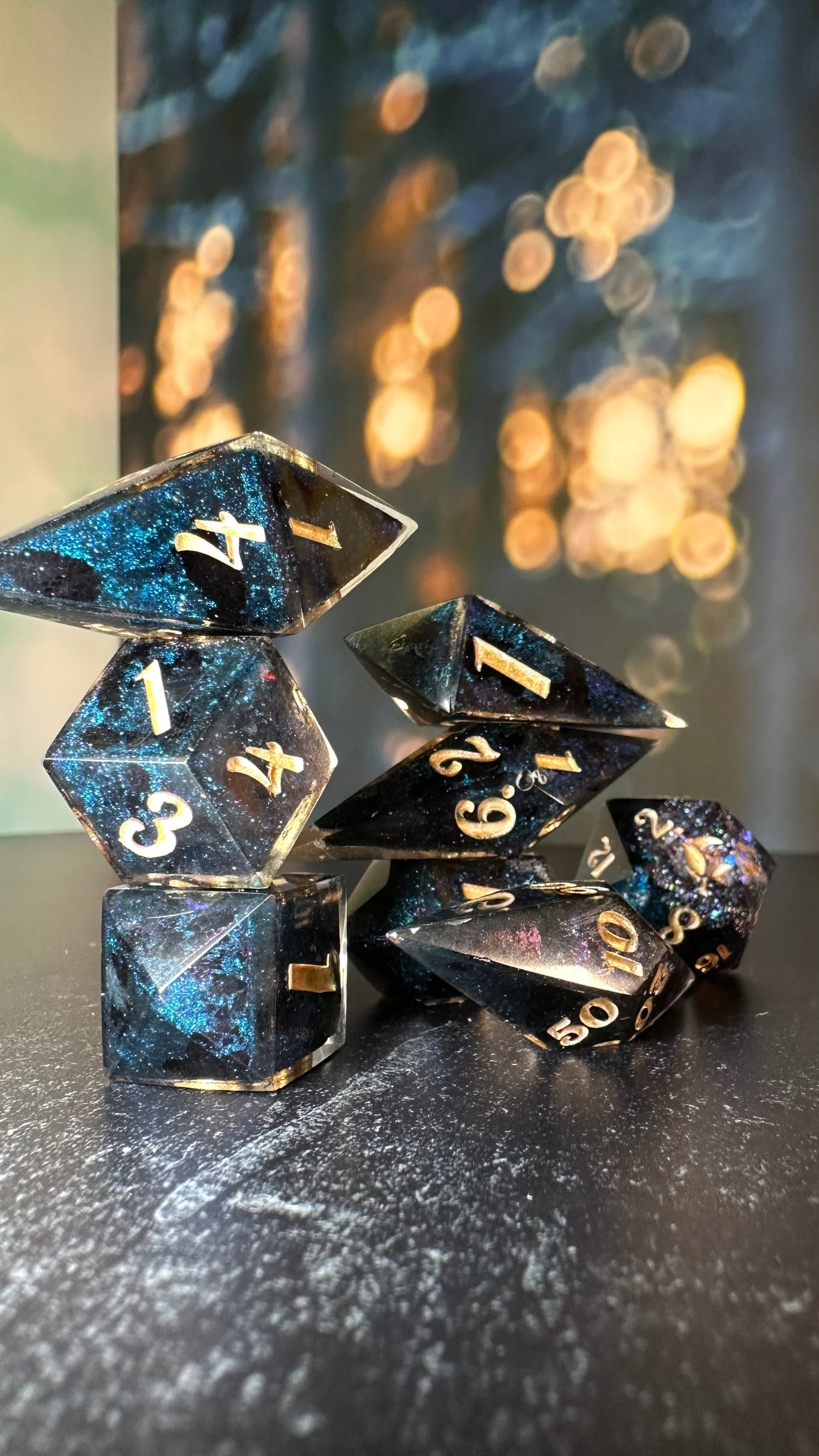 Agent Night Geode - 8 piece polyhedral dice set- (Pointy Bois)- Pobody’s Nerfect