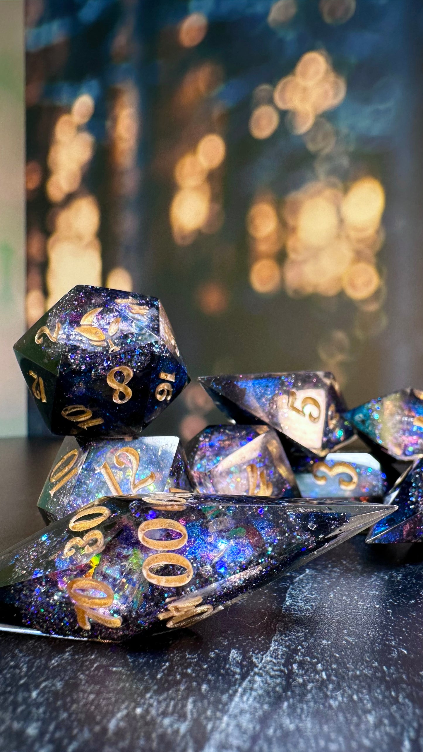 Agent Night Geode - 8 piece polyhedral dice set- (Pointy Bois)- Pobody’s Nerfect