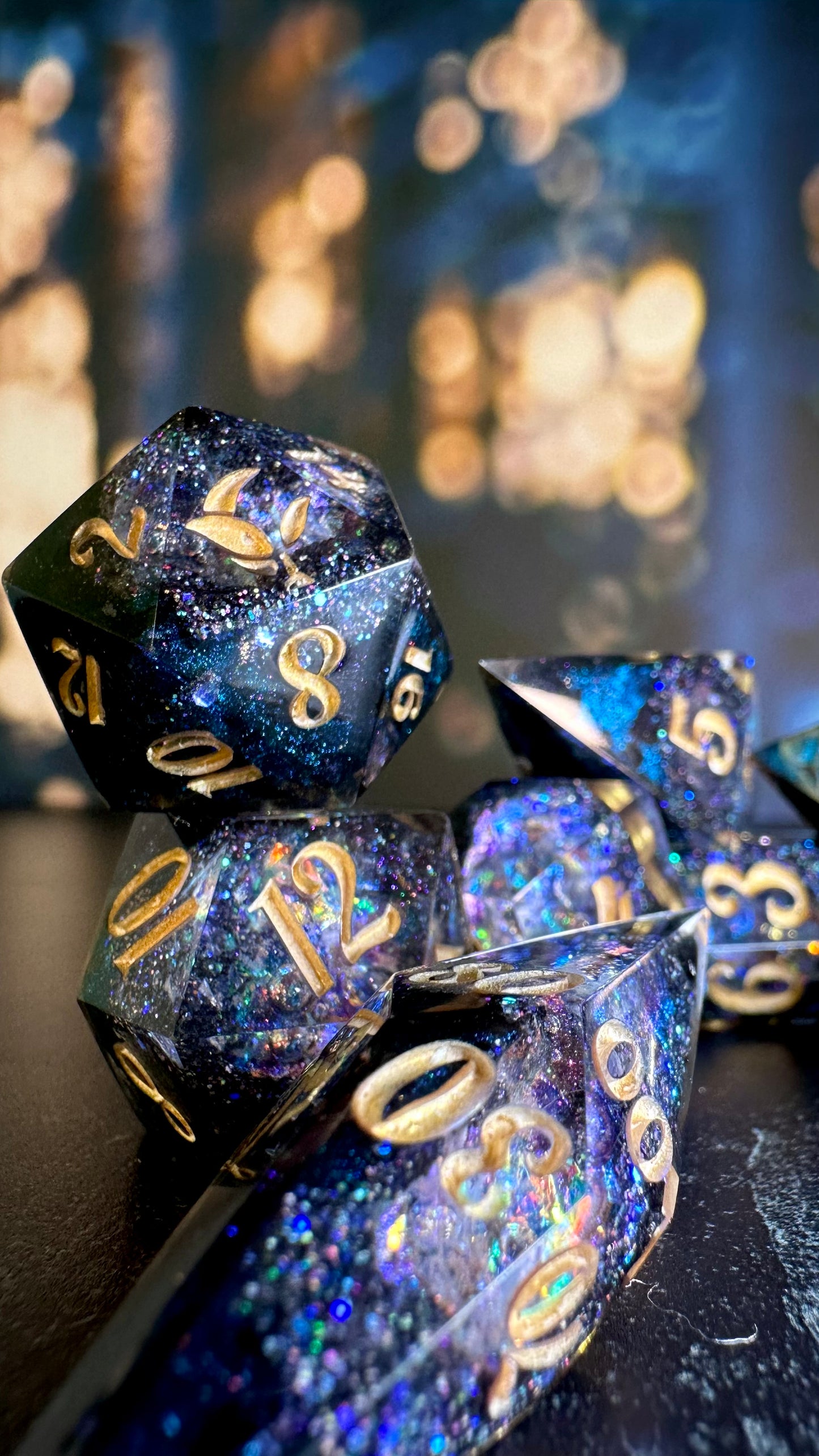 Agent Night Geode - 8 piece polyhedral dice set- (Pointy Bois)- Pobody’s Nerfect