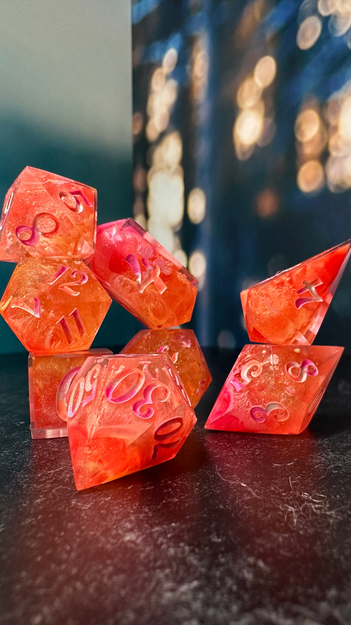 Neon Lesbian Pride 8 piece polyhedral dice set (Large) (Beta) Pobody's Nerfect