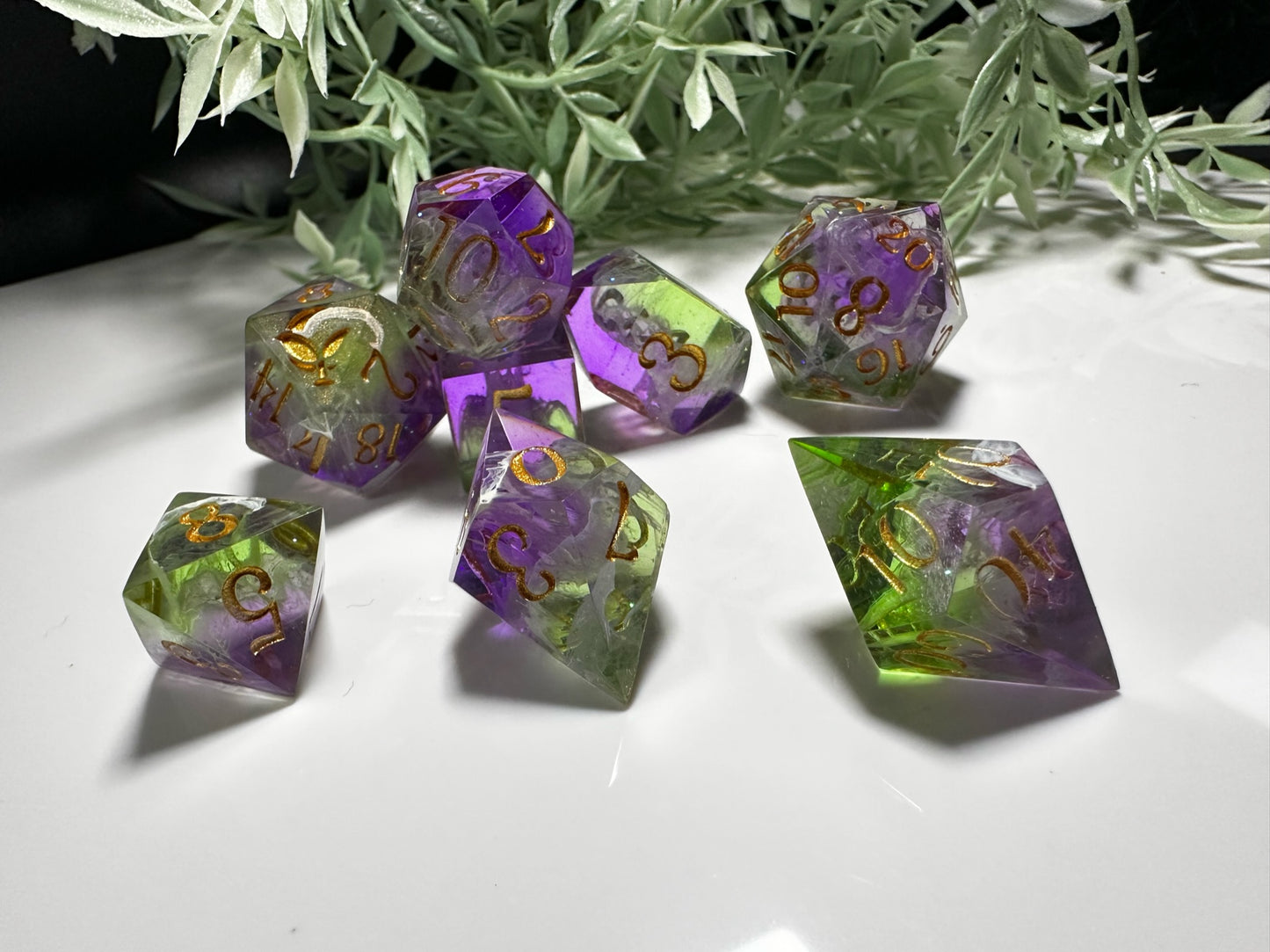 Green and Purple-8 piece split color dice set (Pobody’s Nerfect)
