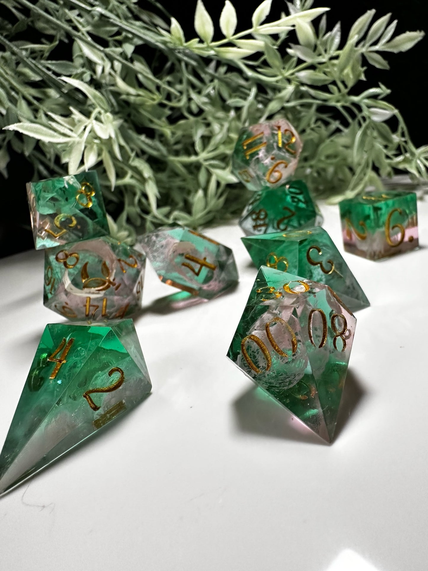Pink and Green -8 piece split color dice set