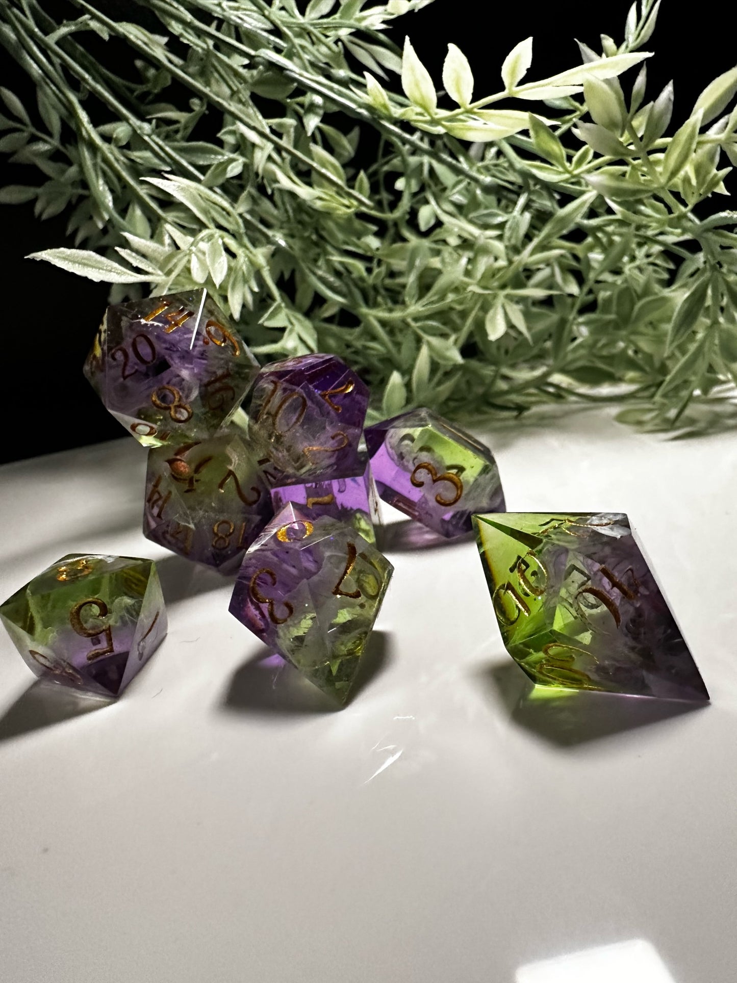Green and Purple-8 piece split color dice set (Pobody’s Nerfect)