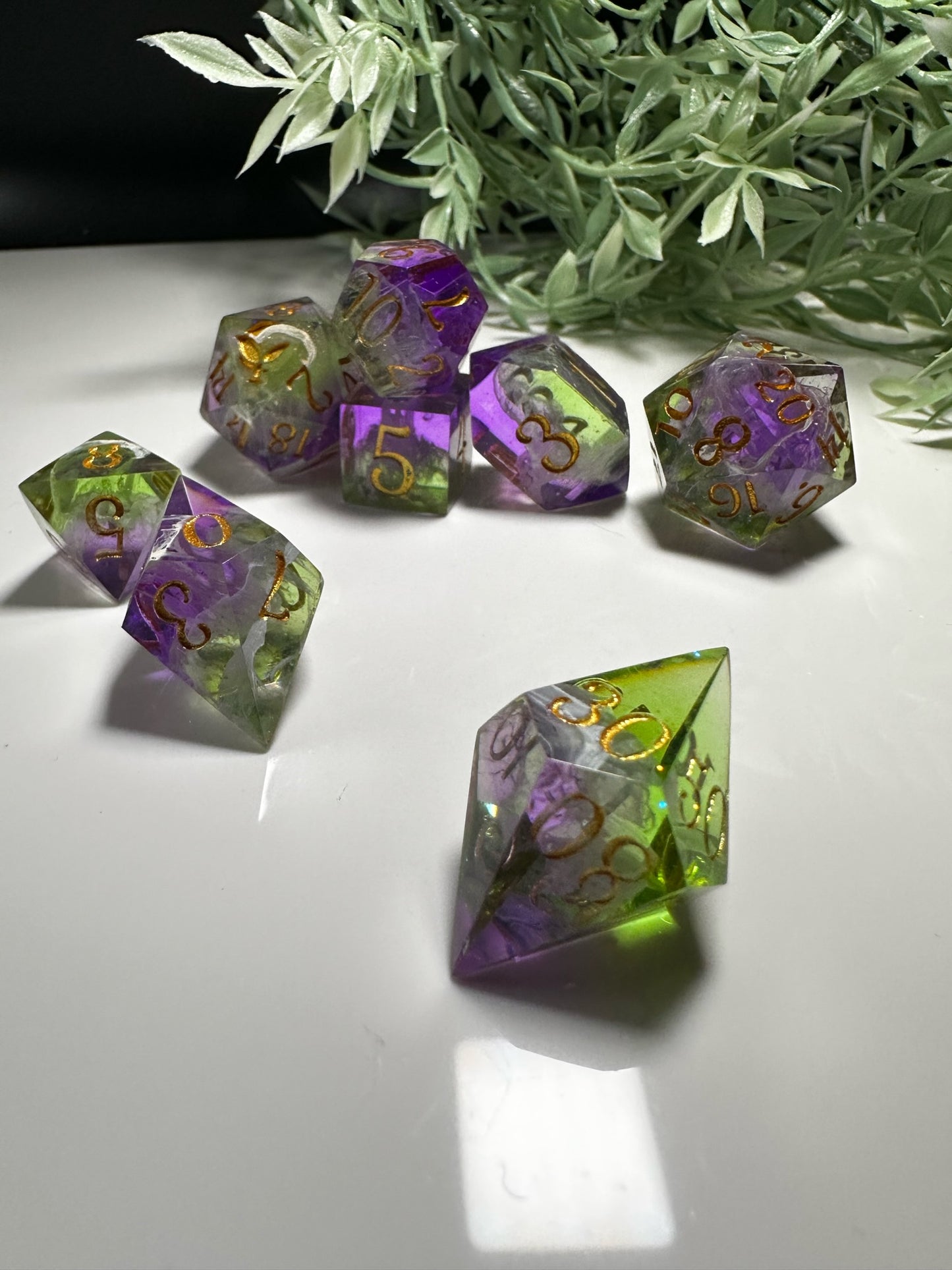 Green and Purple-8 piece split color dice set (Pobody’s Nerfect)