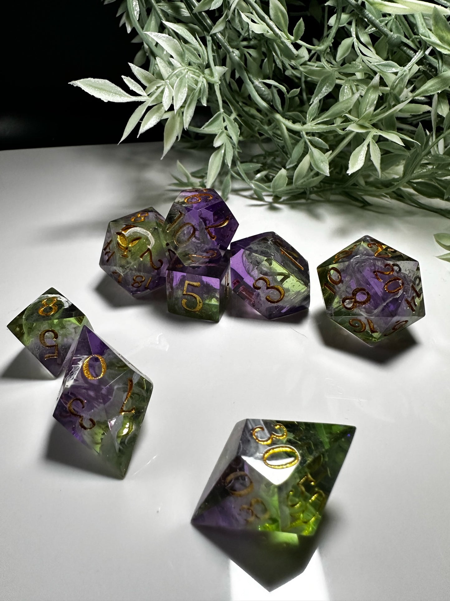 Green and Purple-8 piece split color dice set (Pobody’s Nerfect)