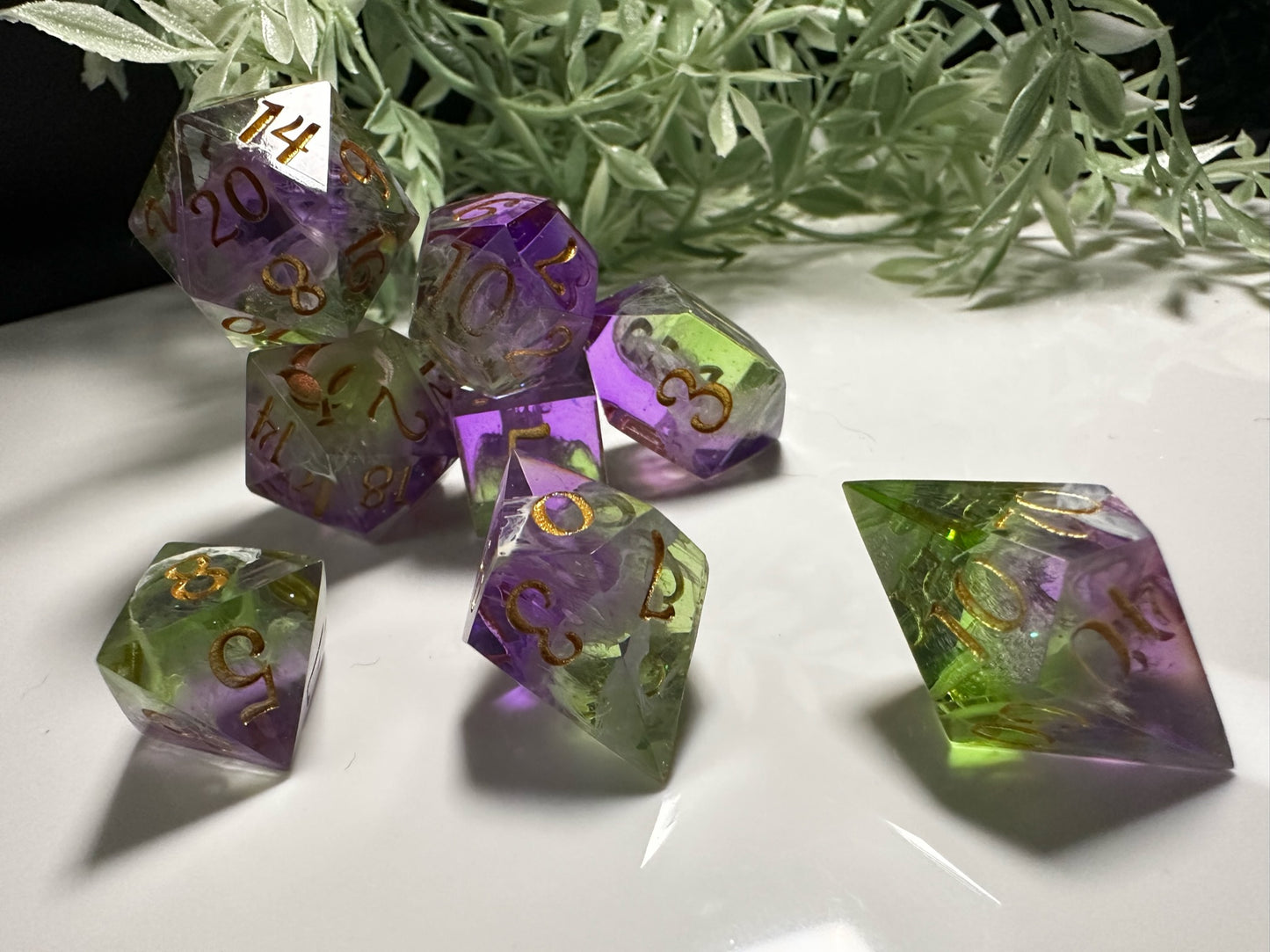 Green and Purple-8 piece split color dice set (Pobody’s Nerfect)