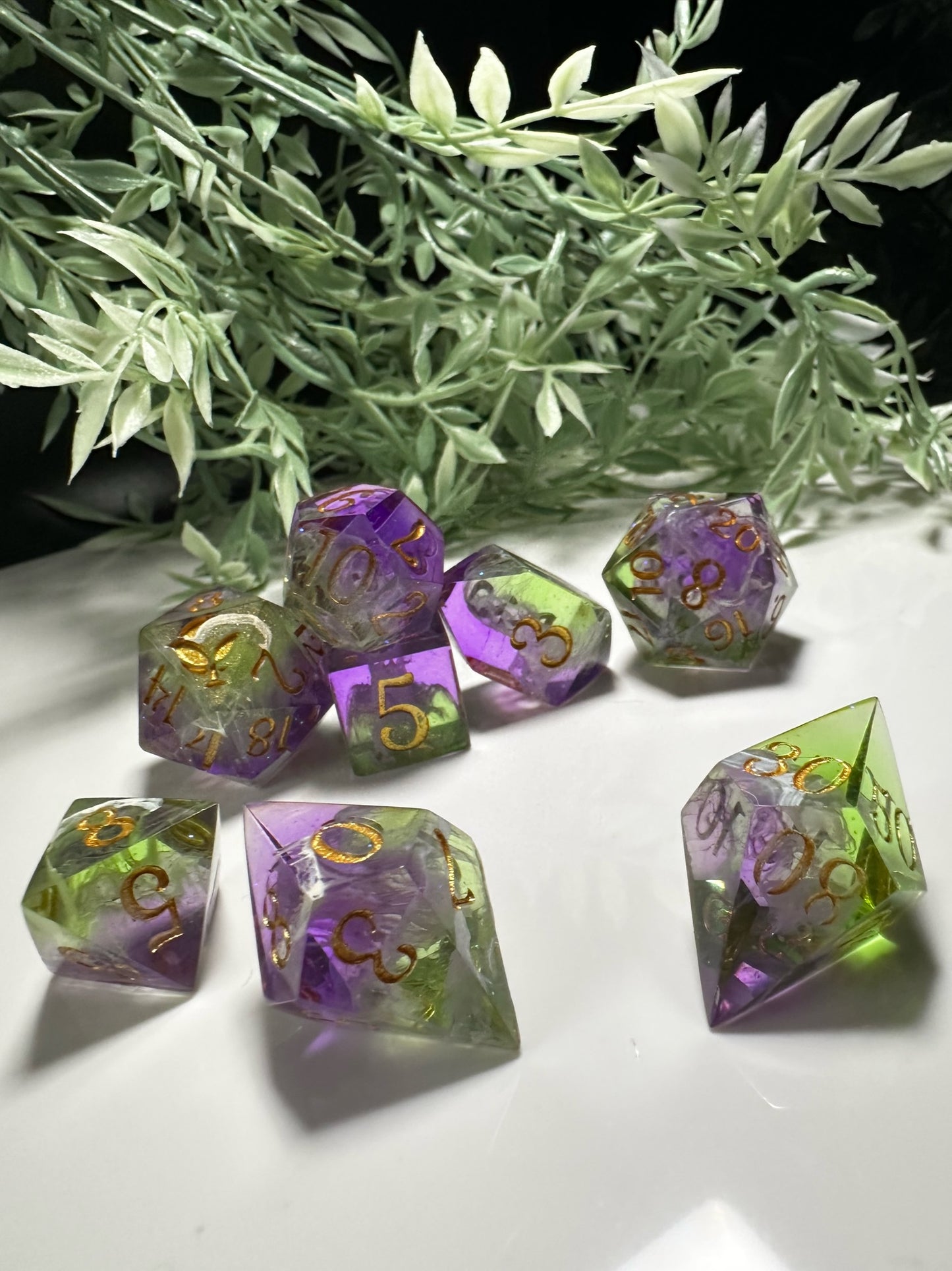 Green and Purple-8 piece split color dice set (Pobody’s Nerfect)