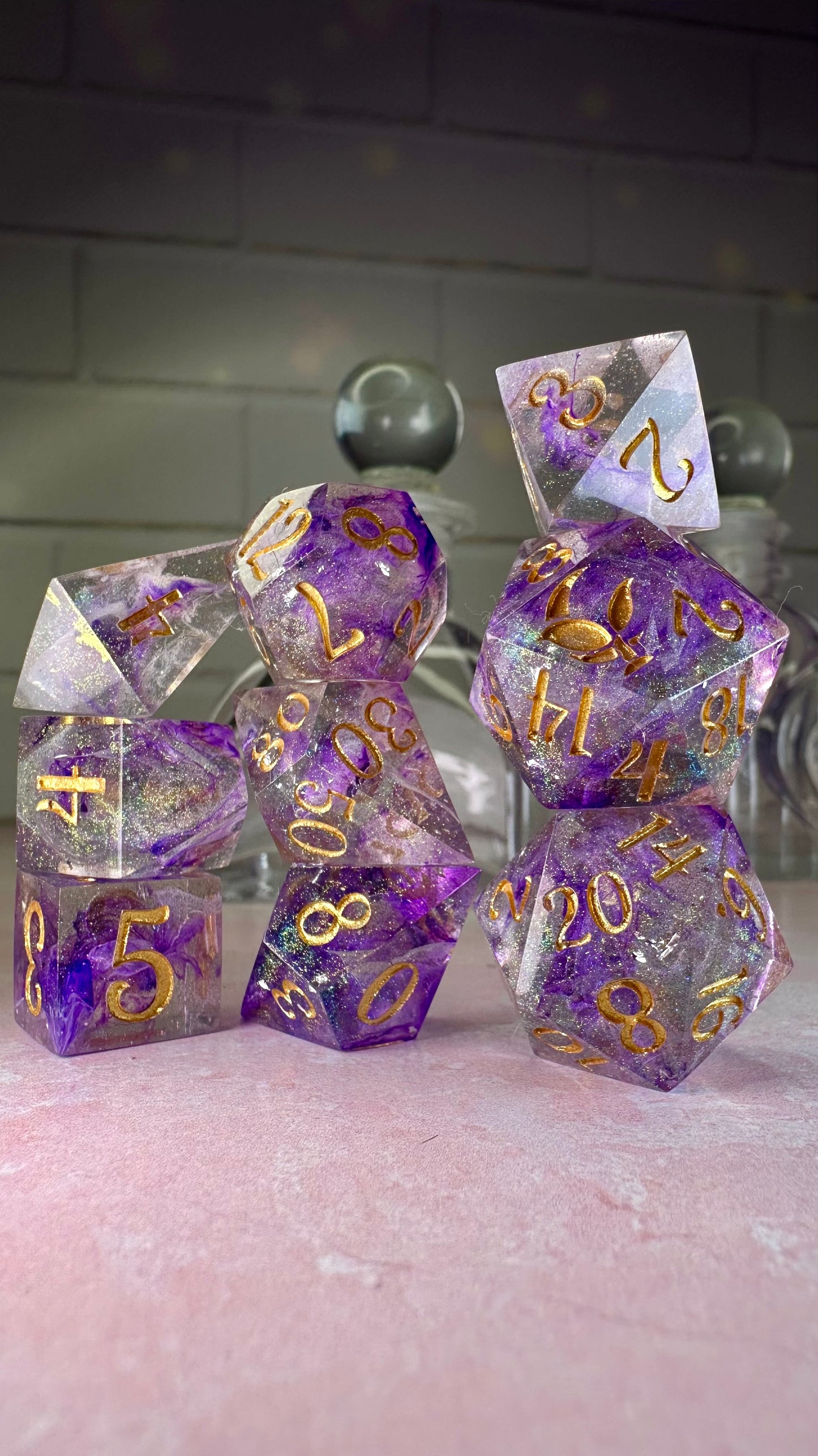 The Sisters Featherington- 8 piece polyhedral dice set