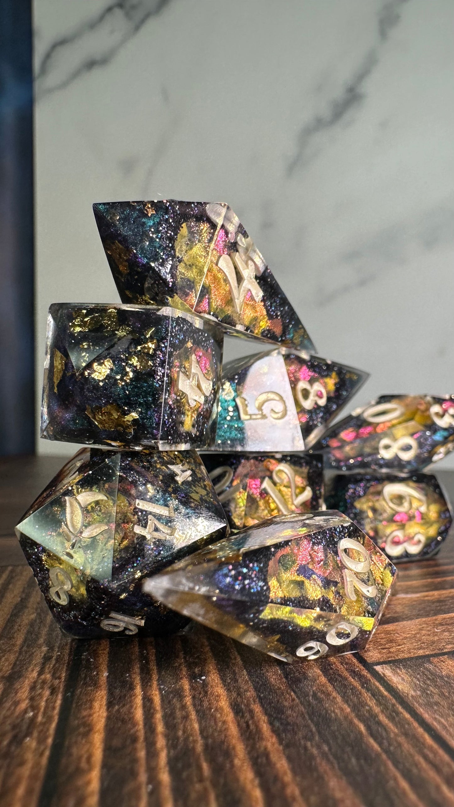 Agent Daybright Geode - 8 piece polyhedral dice set- (Pointy Bois)- Pobody’s Nerfect