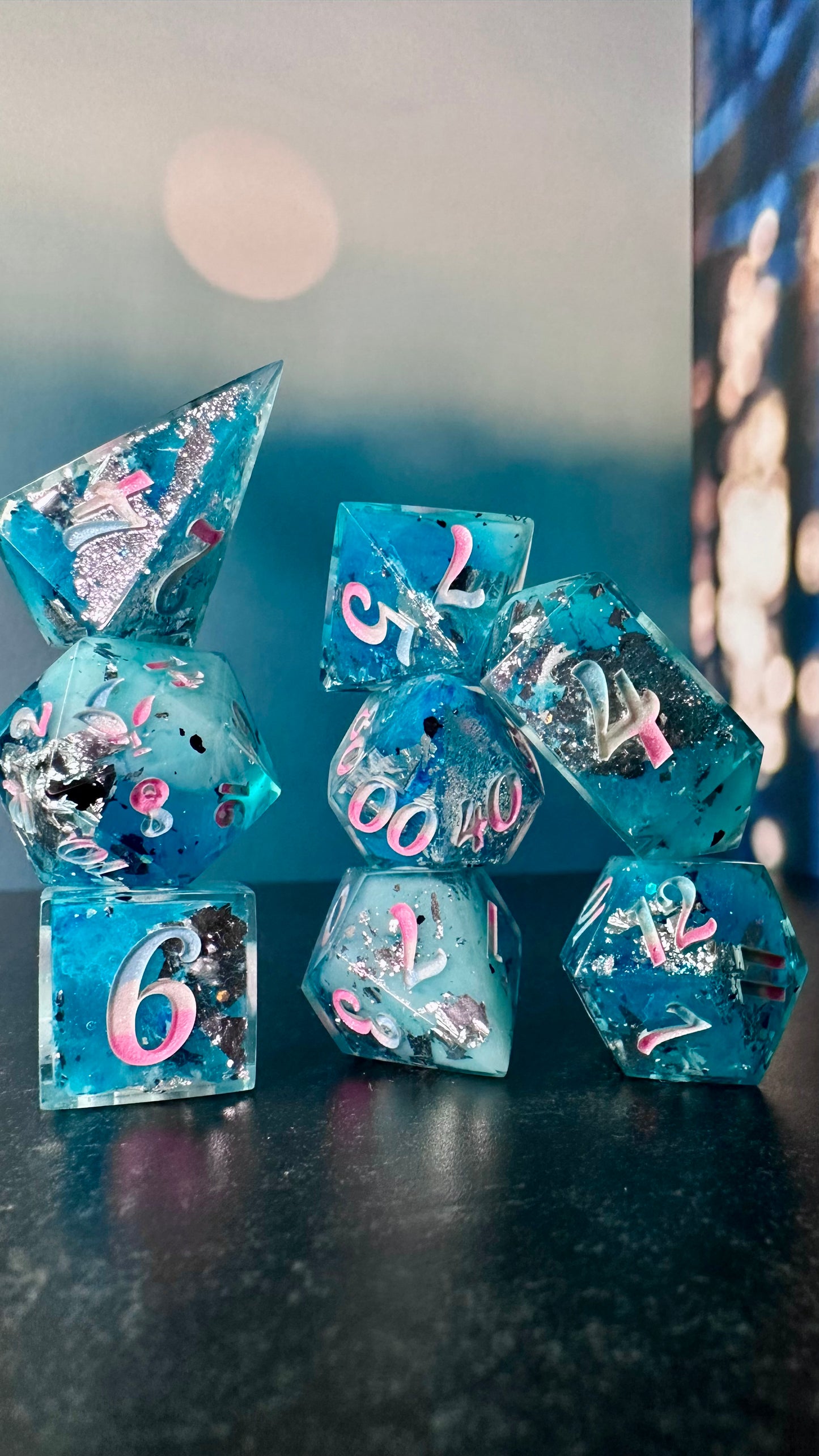 Trans Pride (Icy) 8 piece polyhedral dice set (Large) (Beta) Pobody's Nerfect