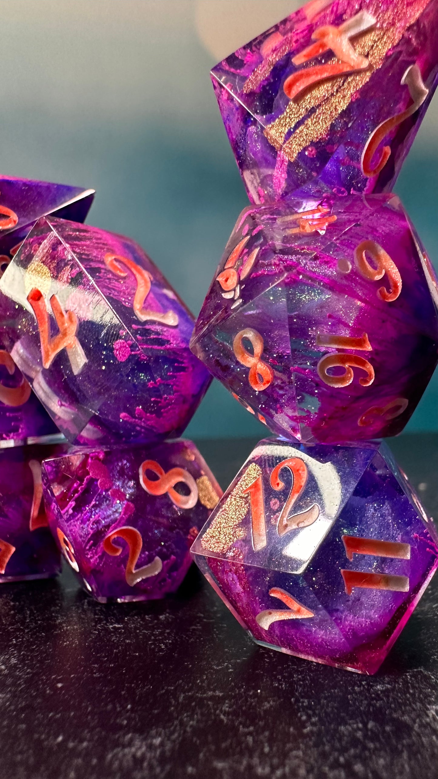 Sunset Lesbian Pride 8 piece polyhedral dice set (Large) (Beta) Pobody's Nerfect