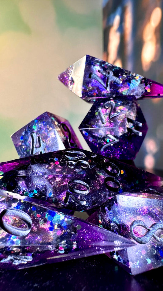 "The Darkness of Lovers" Geode - 8 piece polyhedral dice set- (Pointy Bois)- Pobody’s Nerfect