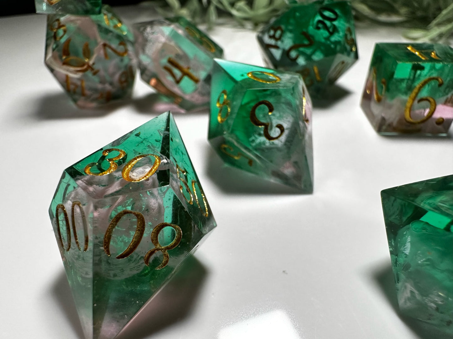 Pink and Green  -8 piece split color dice set