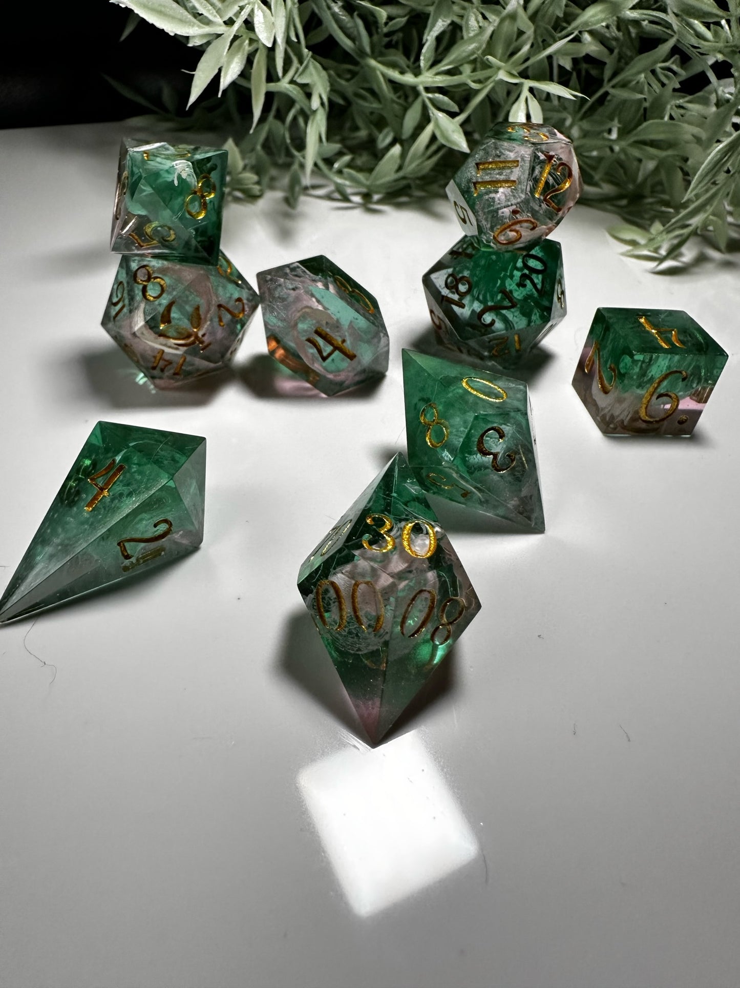 Pink and Green  -8 piece split color dice set