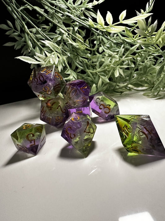 Green and Purple-8 piece split color dice set (Pobody’s Nerfect)