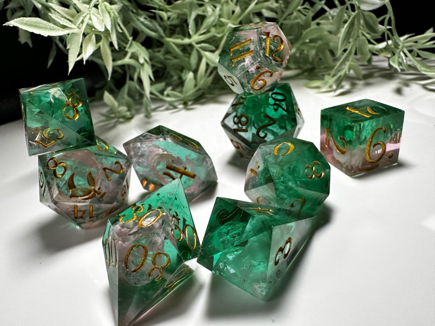 Pink and Green  -8 piece split color dice set