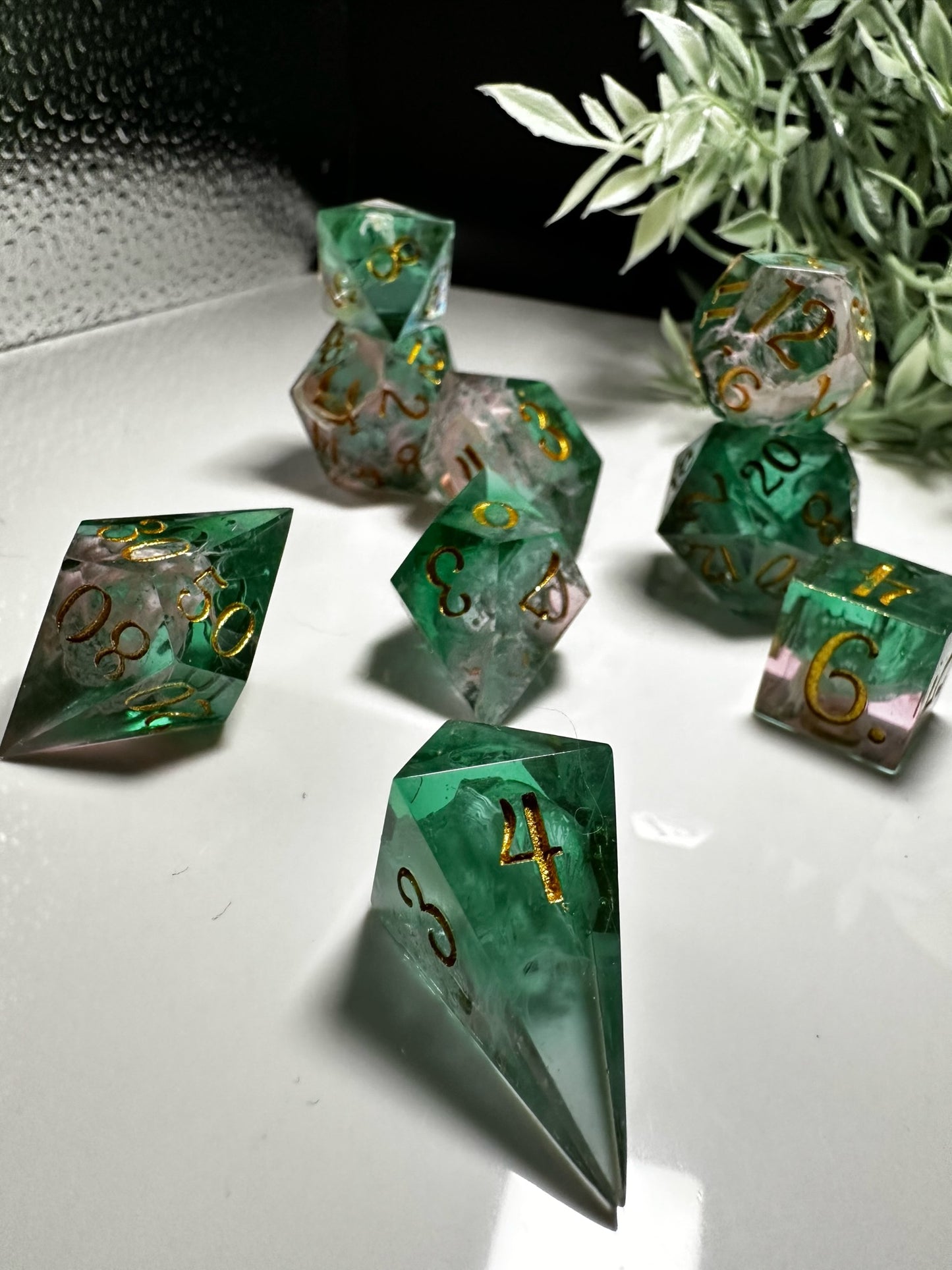 Pink and Green  -8 piece split color dice set