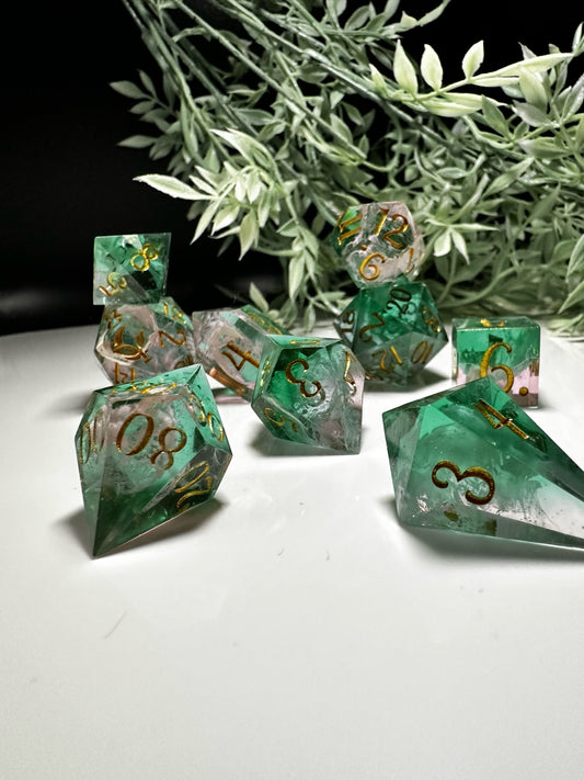 Pink and Green  -8 piece split color dice set