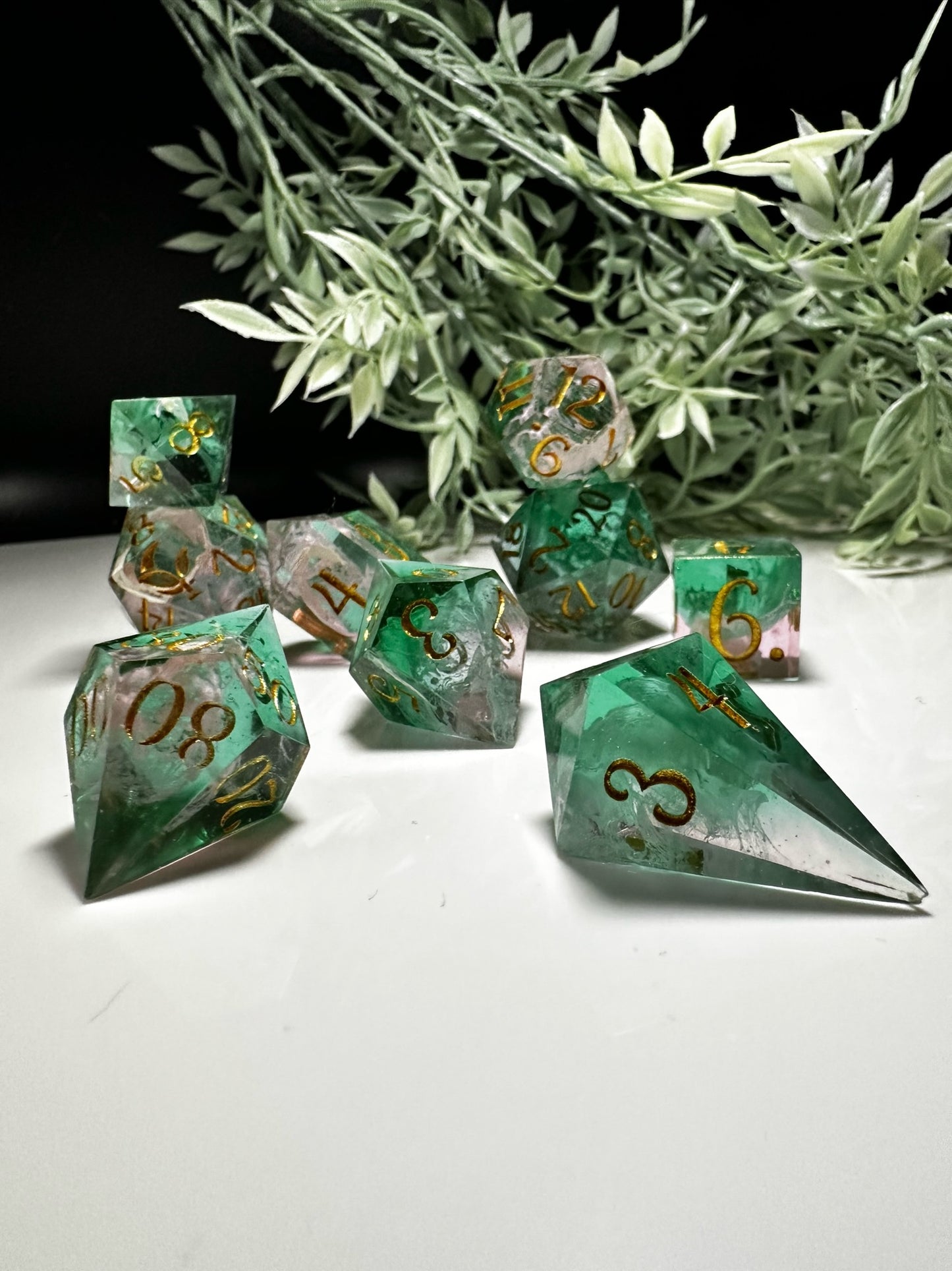 Pink and Green  -8 piece split color dice set