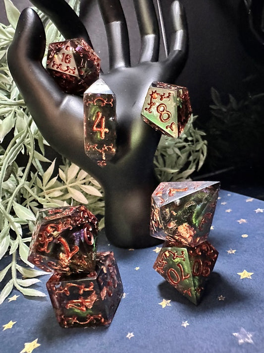 “Fall Foliage” 7 Piece Jumbo Filigree Dice Set (Beta)