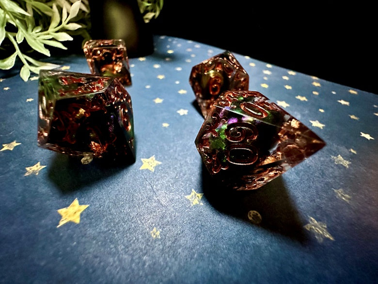 “Fall Foliage” 7 Piece Jumbo Filigree Dice Set (Beta)