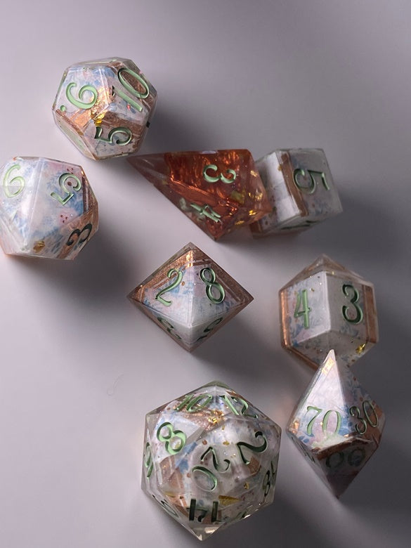 “Marjorie” 8 piece polyhedral dice set