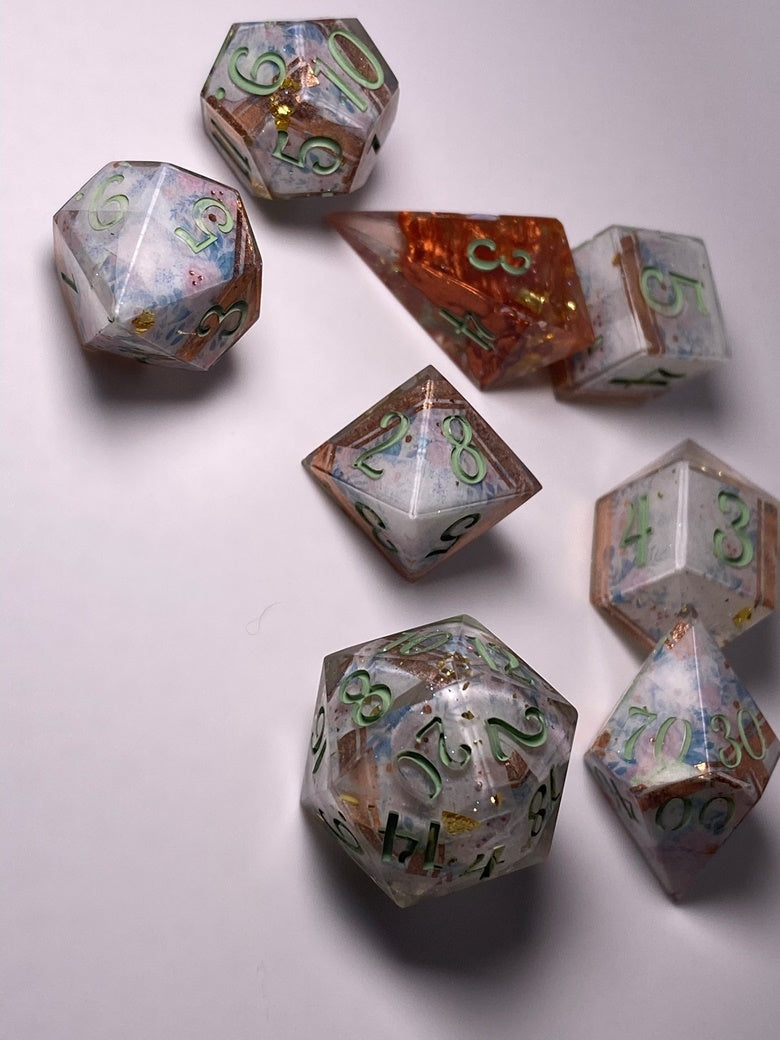 “Marjorie” 8 piece polyhedral dice set