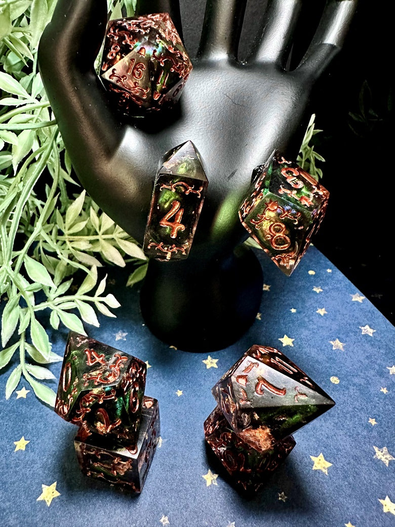 “Fall Foliage” 7 Piece Jumbo Filigree Dice Set (Beta)