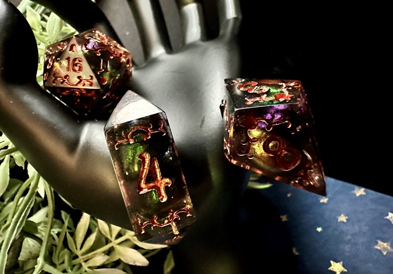 “Fall Foliage” 7 Piece Jumbo Filigree Dice Set (Beta)