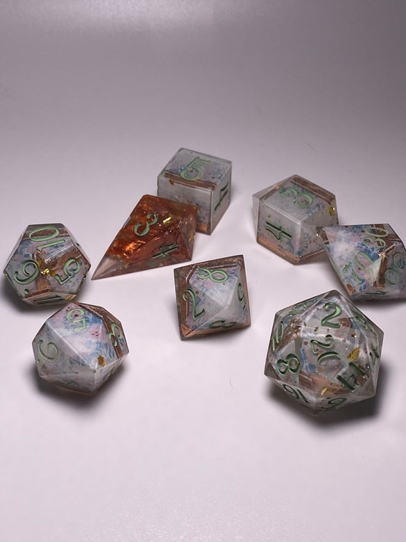 “Marjorie” 8 piece polyhedral dice set