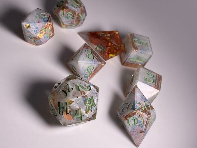 “Marjorie” 8 piece polyhedral dice set