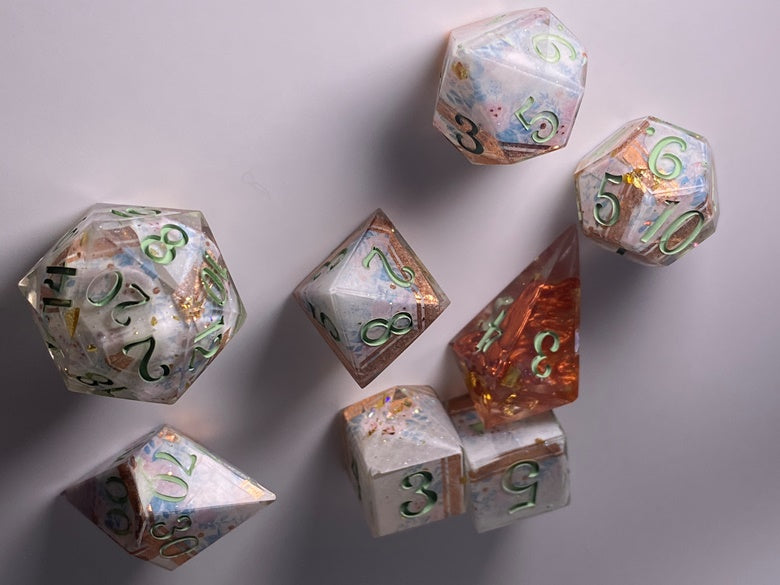 “Marjorie” 8 piece polyhedral dice set